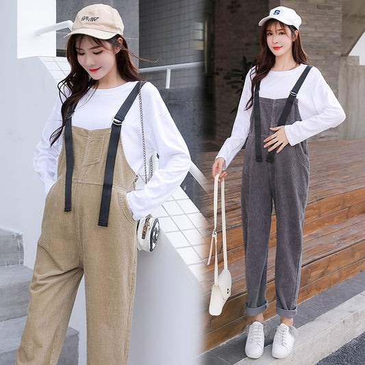 Autumn Winter Korean Fashion Corduroy Maternity Jumpsuits Adjustable Bib Pants for Pregnant Women