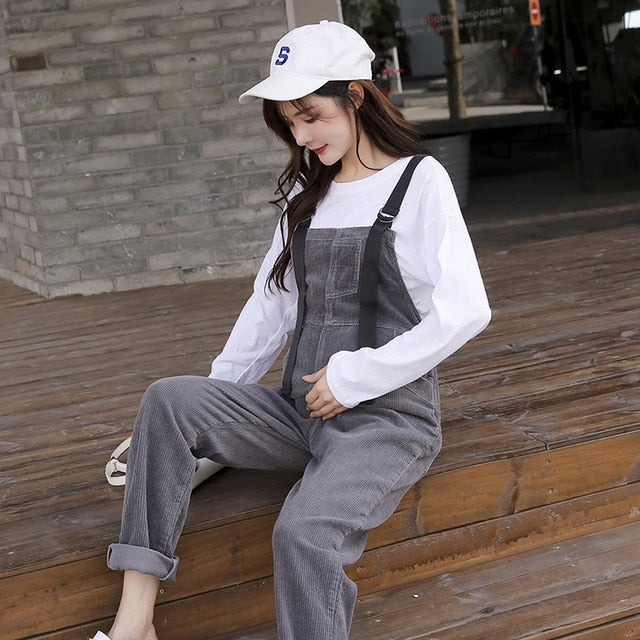 Autumn Winter Korean Fashion Corduroy Maternity Jumpsuits Adjustable Bib Pants for Pregnant Women