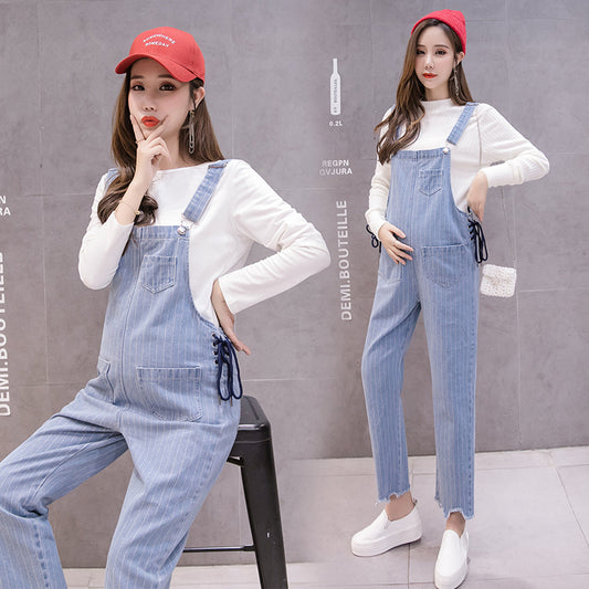 Light Blue Washed Striped Cotton Denim Maternity Jumpsuits Adjustable Overalls Pants for Pregnant Women