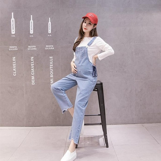 Light Blue Washed Striped Cotton Denim Maternity Jumpsuits Adjustable Overalls Pants for Pregnant Women