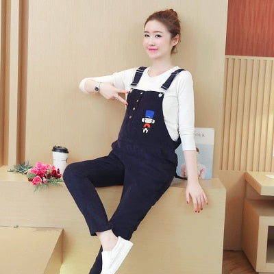 Corduroy Maternity Bib Pants Autumn Fashion Loose Adjustable Ties Waist Jumpsuits for Pregnant Women