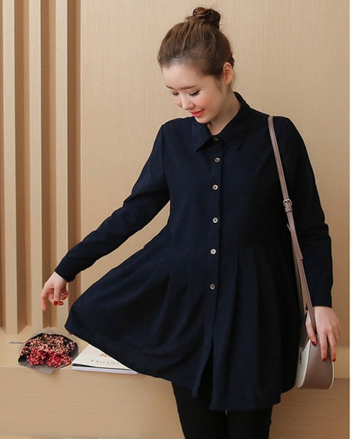 1076# Pleated Waist Button Corduroy Maternity Blouses 2017 Spring Korean Fashion Pregnancy Tunic Tops Clothes For Pregnant Women