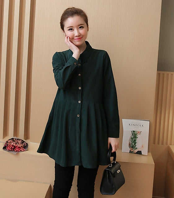 1076# Pleated Waist Button Corduroy Maternity Blouses 2017 Spring Korean Fashion Pregnancy Tunic Tops Clothes For Pregnant Women