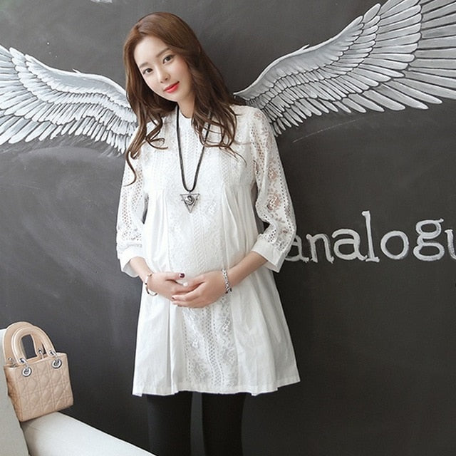 Elegant Pregnant Women Tops Lace White Shirts Fashion Solid Hollow Out Maternity Blouses Plus Size M~XXL Maternity Party Clothes