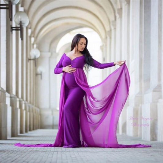 Baby Shower Jersey Dresses Maternity Photography Long Dress with Cloak Fitted Pregnancy Dresses Chiffon Cloak  Maternity Gown