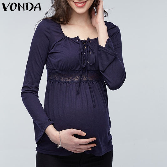 2019 Spring Pregnant Women Long Sleeve Tops Sexy Pregnancy Lace Splice Blouses Shirts Casual Maternity Clothings Plus Size