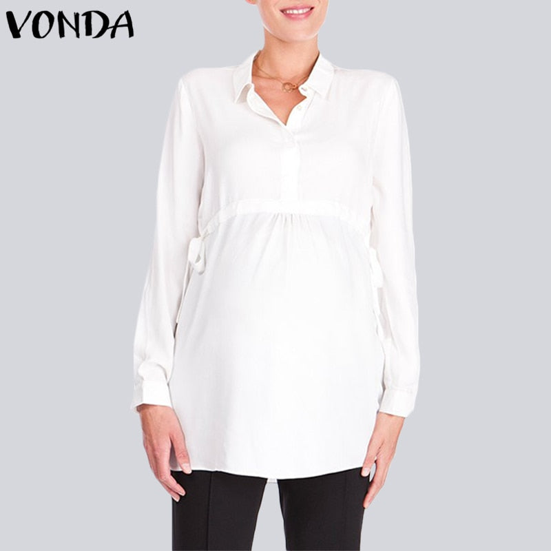 Pregnancy Women White Shirts 2019 Autumn V Neck Full Sleeve Blouse Casual Loose Plus Size Tops Maternity Blusas Femininas