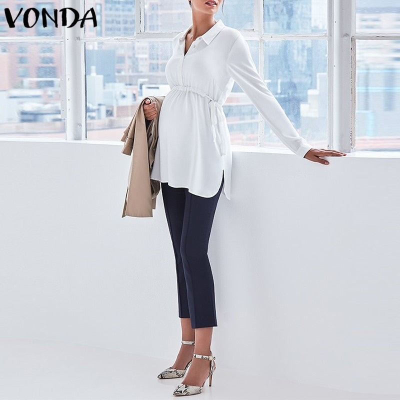 Pregnancy Women White Shirts 2019 Autumn V Neck Full Sleeve Blouse Casual Loose Plus Size Tops Maternity Blusas Femininas