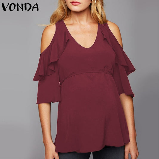 Women Off Shoulder Blouses Shirts 2019 Autumn Pregnant Sexy V Neck Flare Sleeve Ruffles Tops Plus Size Maternity Blusas