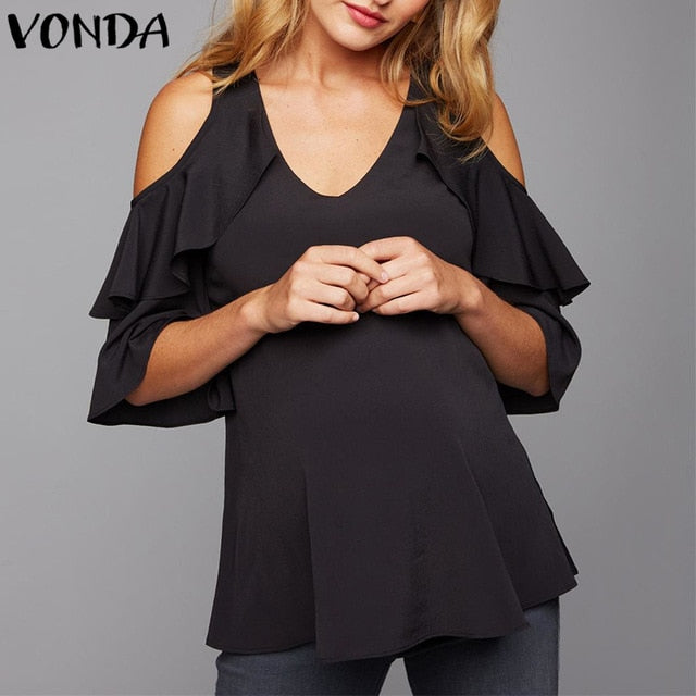 Women Off Shoulder Blouses Shirts 2019 Autumn Pregnant Sexy V Neck Flare Sleeve Ruffles Tops Plus Size Maternity Blusas