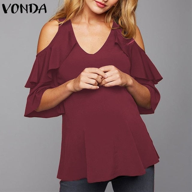 Women Off Shoulder Blouses Shirts 2019 Autumn Pregnant Sexy V Neck Flare Sleeve Ruffles Tops Plus Size Maternity Blusas