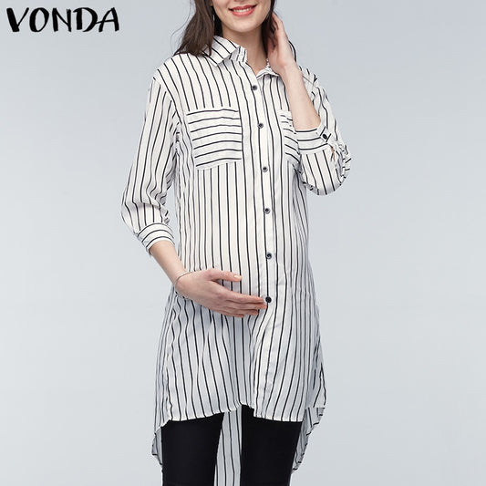 VONDA Maternity Clothings Pregnant Women Blouses 2019 Pregnancy Lapel 3/4 Sleeve Casual Loose Striped Shirts Plus Size Oversized