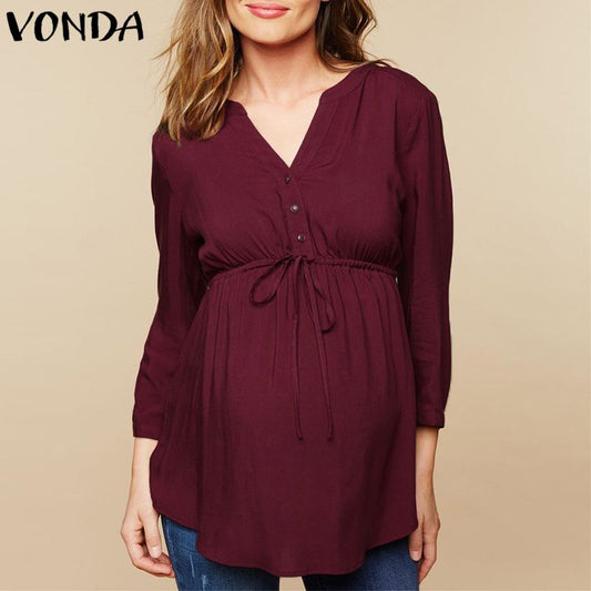 Women Blouse Shirt 2019 Autumn Casual Pregnant Blusas Tops Sexy V Neck Full Sleeve High Waist Plus Size Maternity Pullover