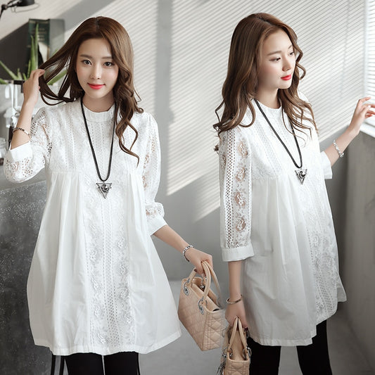 Elegant Pregnant Women Tops Lace White Shirts Fashion Solid Hollow Out Maternity Blouses Plus Size M~XXL Maternity Party Clothes