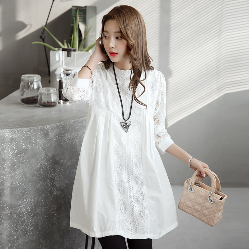 Elegant Pregnant Women Tops Lace White Shirts Fashion Solid Hollow Out Maternity Blouses Plus Size M~XXL Maternity Party Clothes