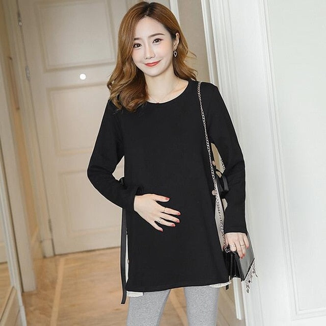 Side Splits Bandage Maternity Shirts 2019 Spring Korean Fashion Loose Clothes for Pregnant Women Fall Pregnancy Tops Tunic