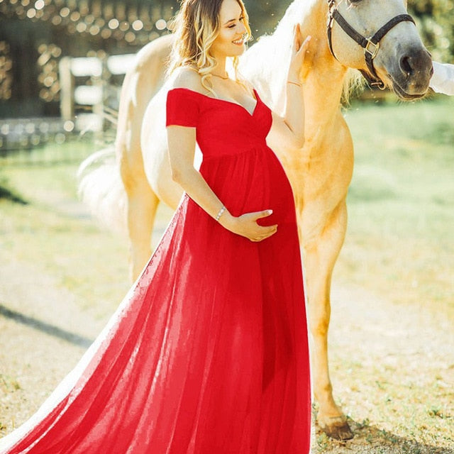 Elegant Maternity Dresses for Photo Shoot Sexy V Neck Off Shoulder Pregnancy Photography Dress Pregnant Women Party Maxi Dress