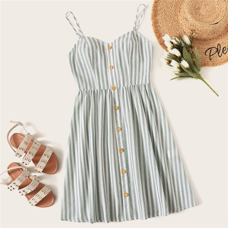 Button Front Striped Slip Dress